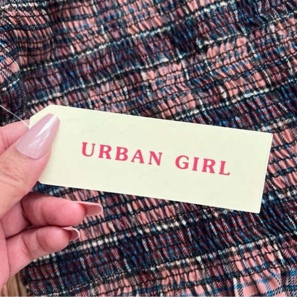 Urban Girl Women’s Plaid Smocked Off Shoulder Crop Top Boho Peplum Size Small - Picture 10 of 11